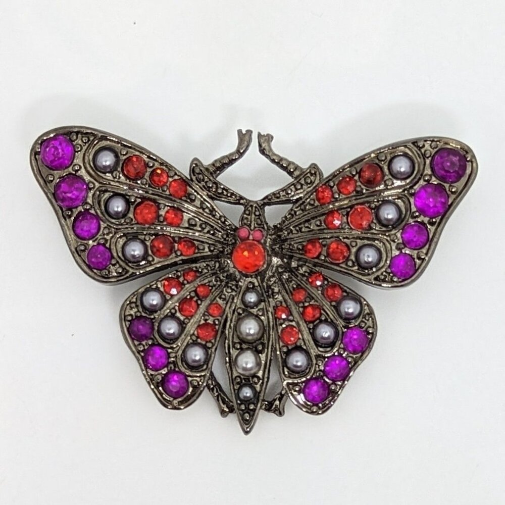 Vintage Butterfly Brooch Red & Purple Rhinestones Silver-Tone Pin Back Closure